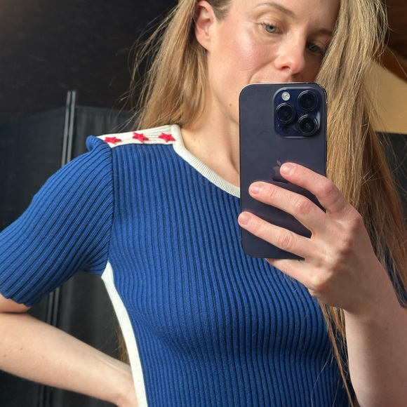 Blue and White Ribbed Women's Top - Picture 4 of 4